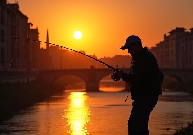 Pescatore al tramonto vicino al Tevere