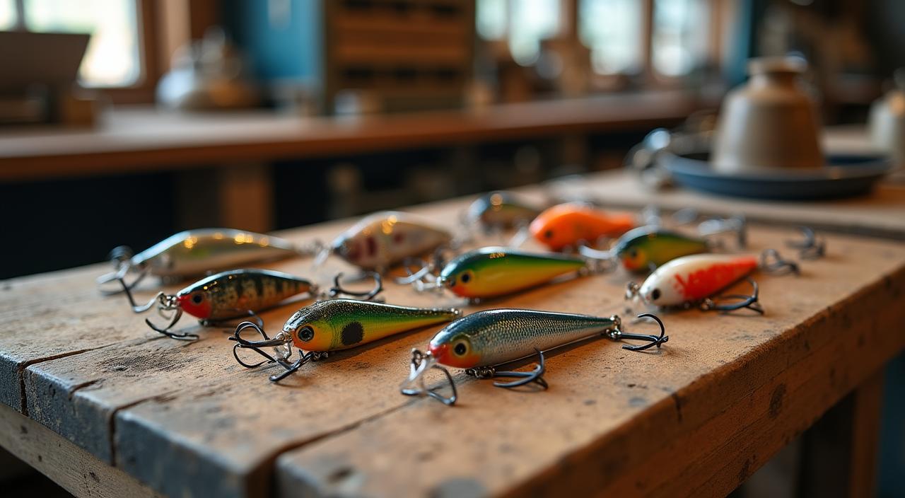 Diverse tipologie di esche da pesca artigianali su un banco di legno